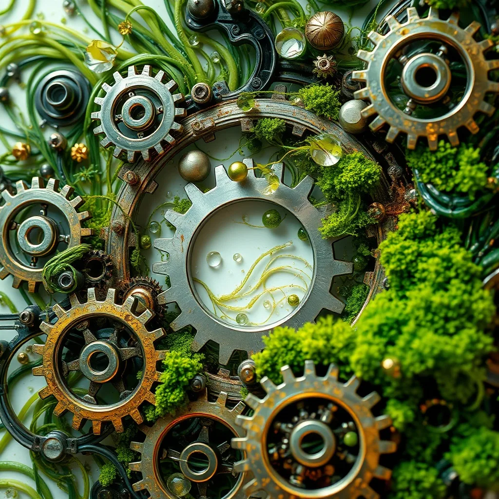 Representación abstracta de la economía circular con engranajes y elementos naturales.