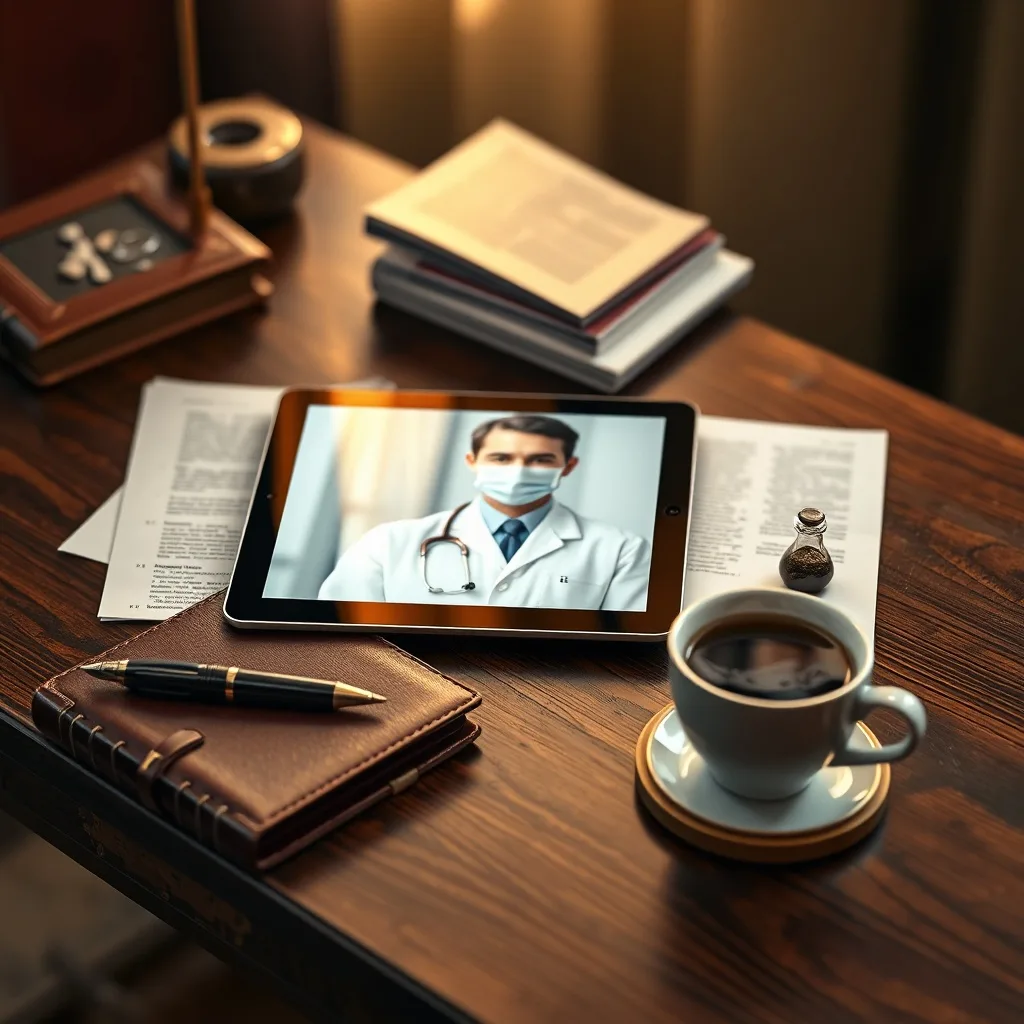 Escritorio de madera vintage con una tablet moderna mostrando una teleconsulta, rodeado de notas médicas y té, con luz cálida.