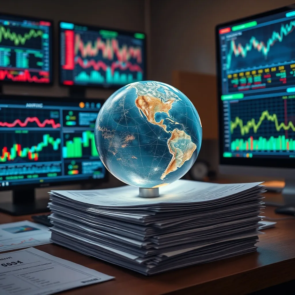 Globo terráqueo sobre informes financieros y pantallas digitales
