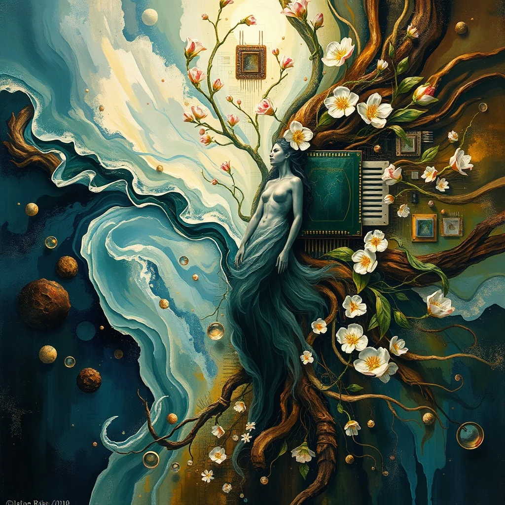 Pintura abstracta de figuras humanas fusionándose con la naturaleza