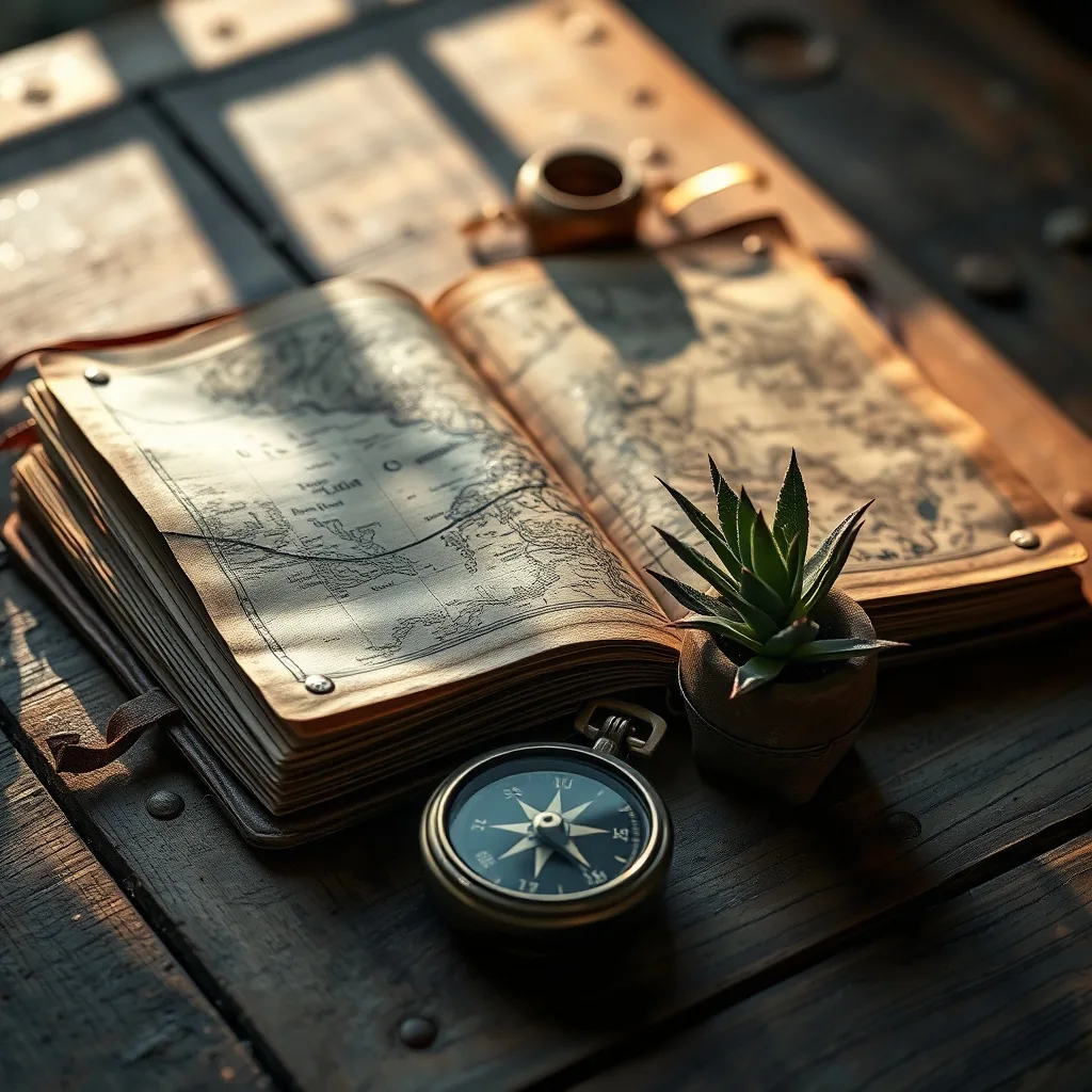 Bodegón cinematográfico de un diario de viaje antiguo con mapas y hojas prensadas, un compás y una planta suculenta, simbolizando la exploración consciente.