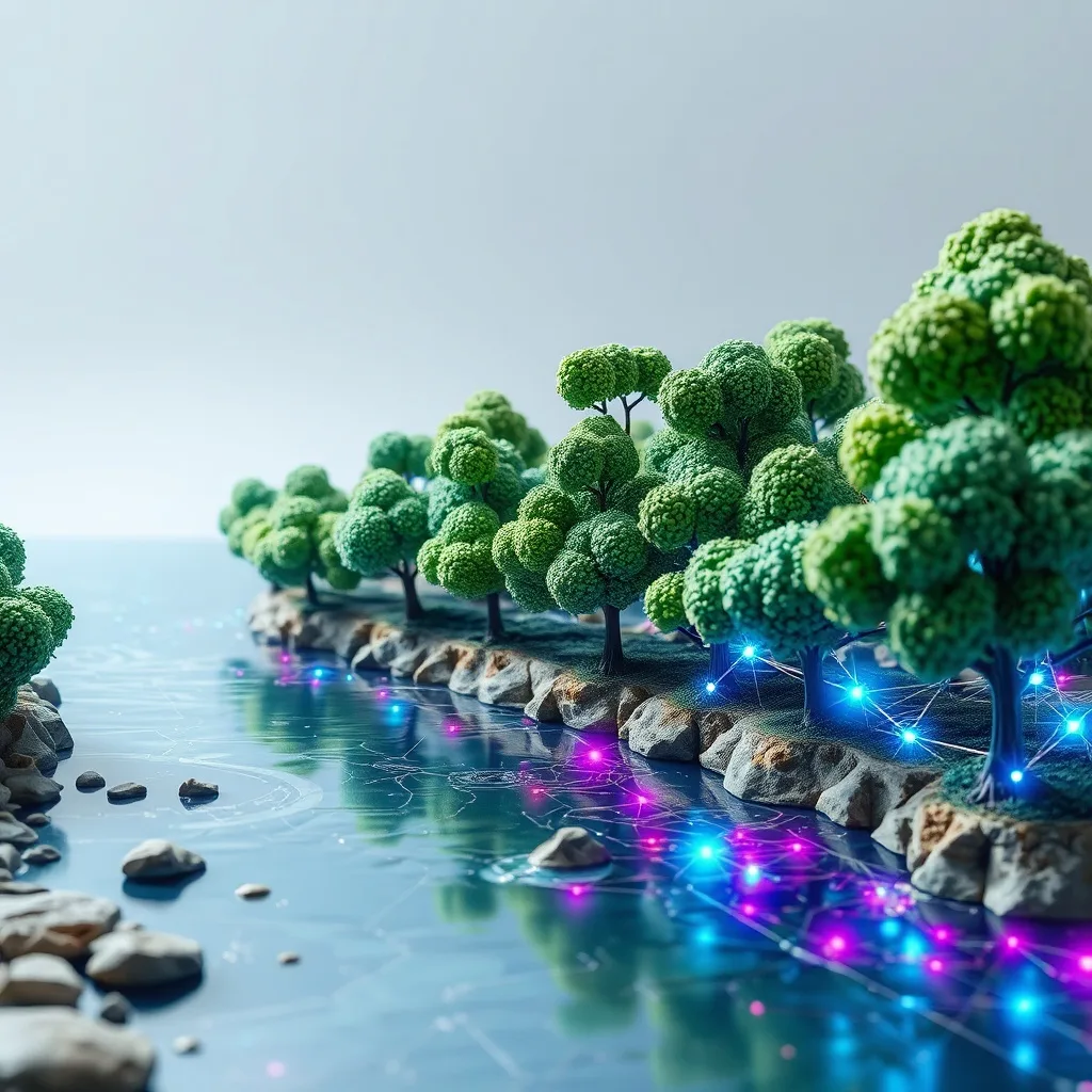 Pintura abstracta en acuarela de un río que se convierte en líneas digitales, con árboles y visualización de datos, simbolizando la integración de naturaleza y tecnología en el viaje.