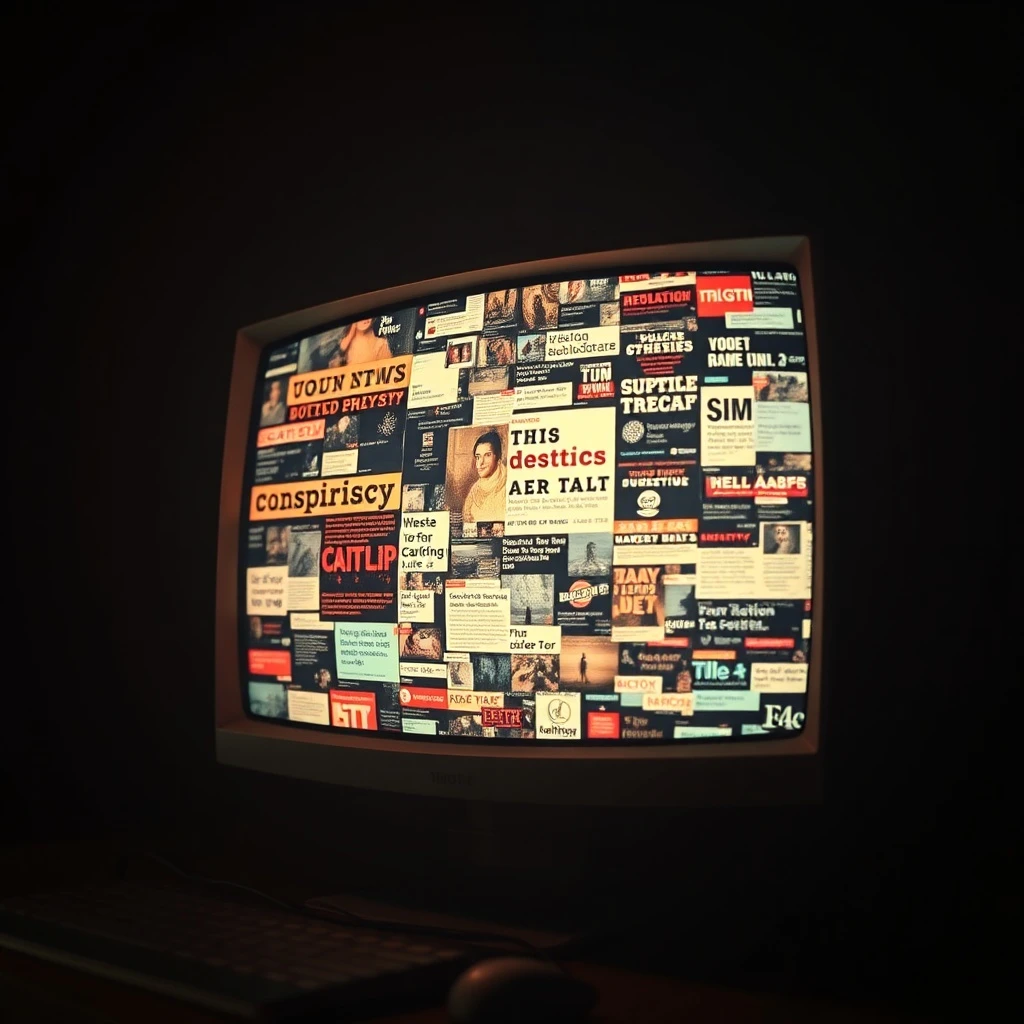 Monitor vintage con noticias fragmentadas y redes sociales