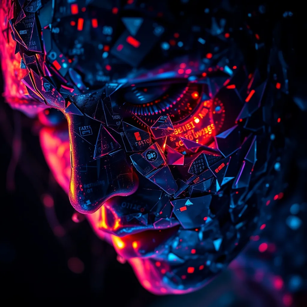 Mosaico de vidrio roto de un rostro humano con información conflictiva