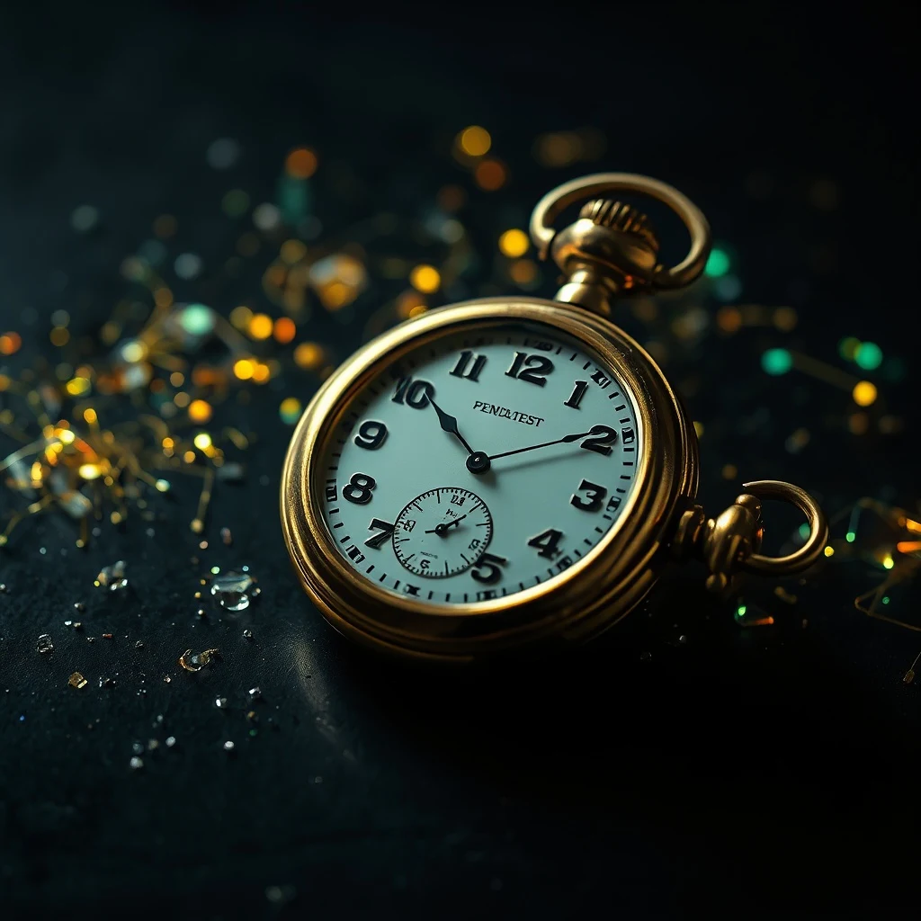 Naturaleza muerta cinematográfica de un reloj de bolsillo antiguo sobre una superficie oscura, con sus manecillas congeladas. Fragmentos digitales brillantes alrededor representan patrones rotos y la reconstrucción de conexiones neuronales.