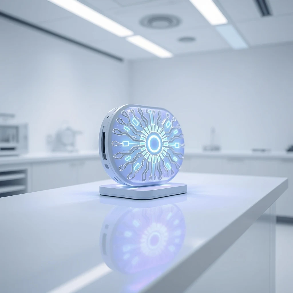 Render 3D de un dispositivo médico futurista que parece una interfaz neuronal o una placa de circuito compleja, pulsando suavemente con luz etérea sobre una mesa blanca minimalista en un laboratorio estéril.
