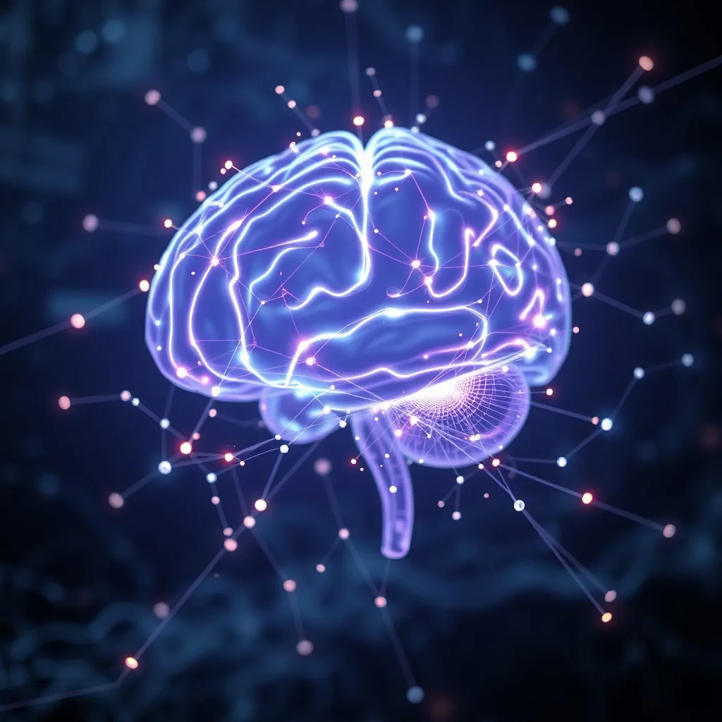 Un modelo de cerebro estilizado y brillante encerrado en una red de nodos digitales interconectados, simbolizando la eficacia basada en datos y la base científica de los tratamientos de realidad virtual. Fondo oscuro y de alta tecnología.