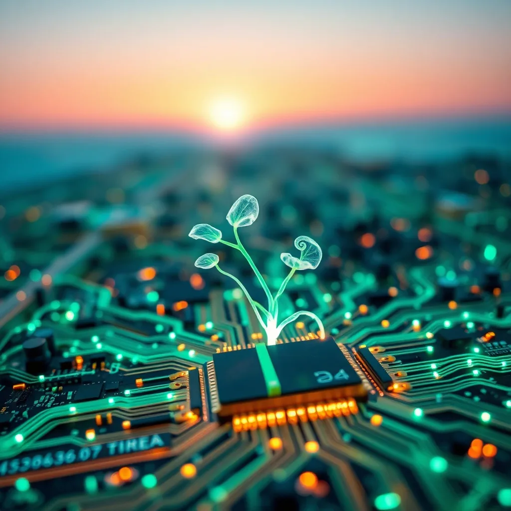 Una pintura conceptual de una delicada planta brillante que crece a través de cables y circuitos digitales, extendiéndose hacia un horizonte sereno, representando la esperanza, el crecimiento ético y el futuro potencial de la realidad virtual en la recuperación de adicciones. Iluminación suave y etérea.