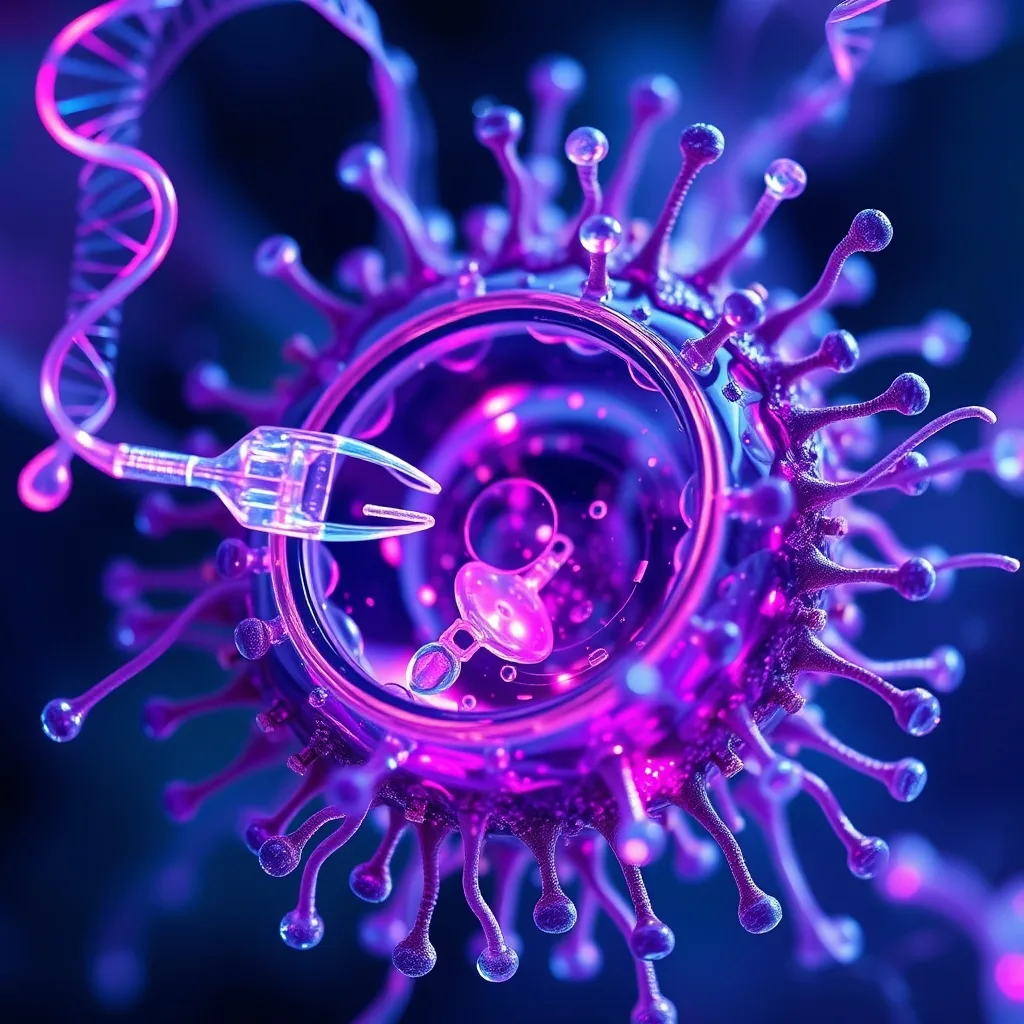 Vista microscópica de una célula siendo editada con herramientas moleculares etéreas y datos científicos, en tonos azules y morados.