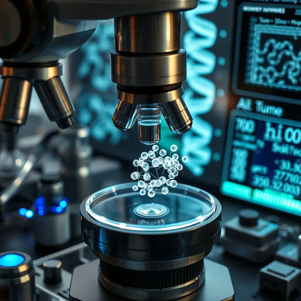 Primer plano de un microscopio de laboratorio enfocado en una placa de Petri con células brillantes, rodeado de instrumentos científicos y pantallas digitales con secuencias genéticas en un laboratorio de alta tecnología.