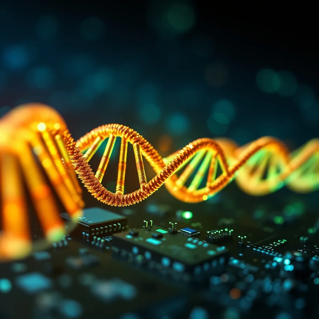 Ilustración 3D de una doble hélice de ADN con código binario, simbolizando la biotecnología