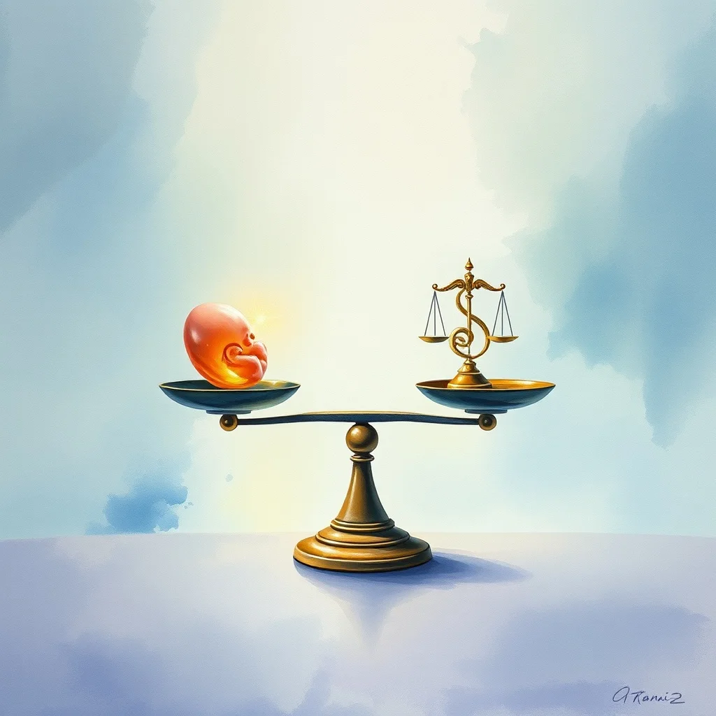 Pintura conceptual en acuarela de una balanza con un embrión y símbolos éticos