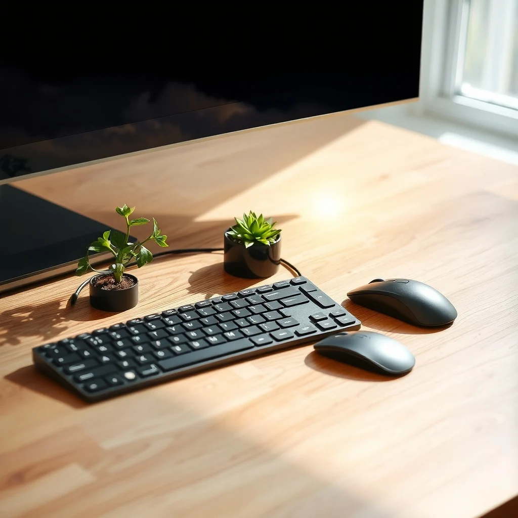 Fotografía de un teclado y ratón ergonómicos en un escritorio de madera, con una planta pequeña, bajo luz natural.