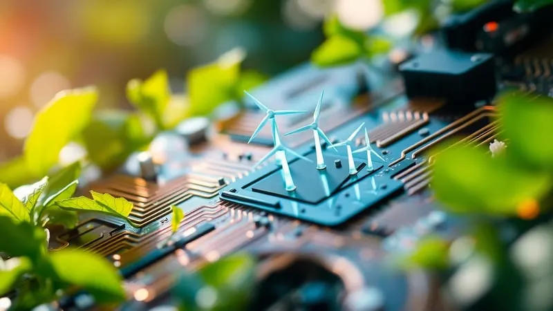 Representación artística de un circuito electrónico integrado con elementos naturales como hojas y turbinas eólicas.