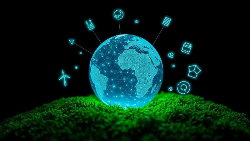 Globo terráqueo digital sobre un lecho de musgo, rodeado de iconos de eficiencia energética y optimización de datos.