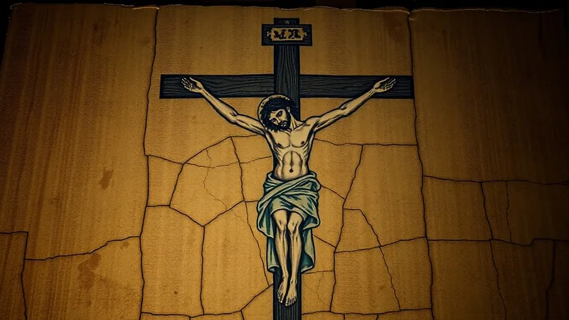 Lienzo antiguo con imagen de hombre crucificado