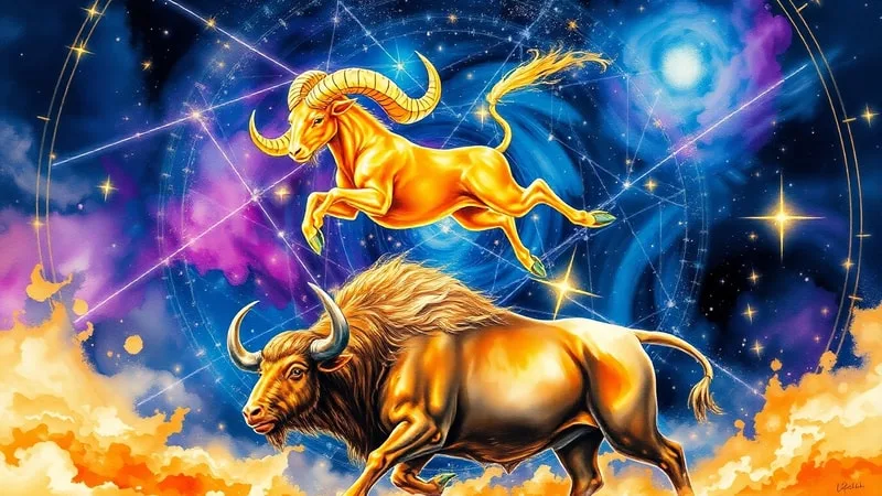 A vibrant watercolor painting depicting a golden ram leaping over a bull's head, with twin figures in the background, all against a cosmic backdrop.
