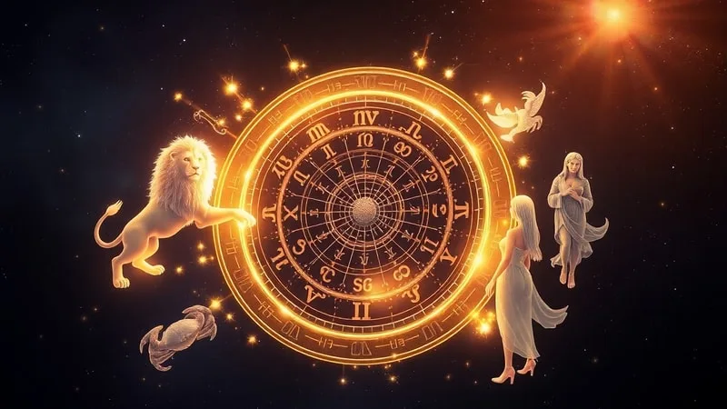 A 3D render of a stylized, glowing astrological wheel with ethereal light particles tracing zodiac paths, interspersed with translucent models of a crab, lion, and maiden.