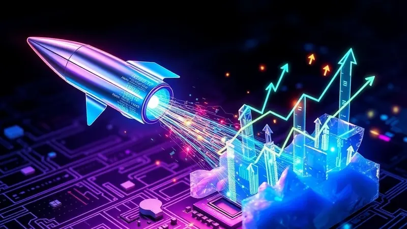 Ilustración de un cohete despegando con líneas de datos y crecimiento, rompiendo barreras