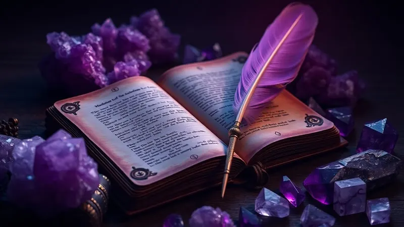 Un diario y una pluma antigua, rodeados de cristales de amatista con un brillo etéreo.