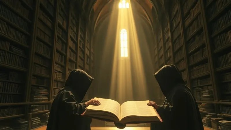 Sabiduría Ancestral Monástica Monjes en una biblioteca antigua, luz divina