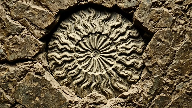 Fotografía macro de un fósil antiguo incrustado en una roca sedimentaria, mostrando detalles intrincados.