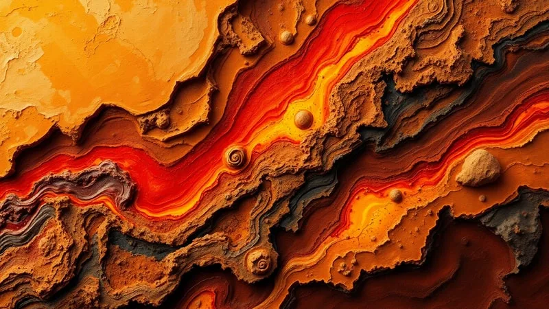 Pintura al óleo conceptual de estratos geológicos abstractos con tonos terrosos y magma, simbolizando la dinámica interna de la Tierra.