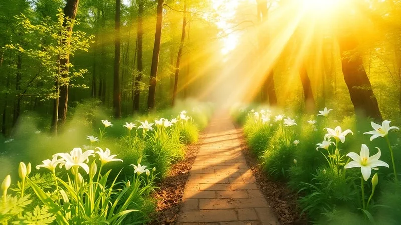 Camino iluminado, simbolizando la paz y renovación después del arrepentimiento.