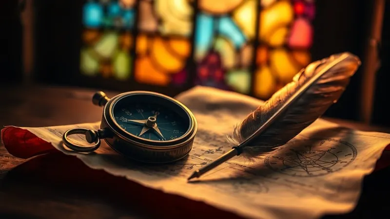 Conceptual Art of an ancient compass and quill on a parchment scroll, symbolizing life's destiny.