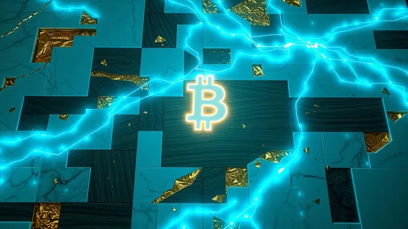 Mosaico abstracto de texturas como mármol, madera y oro, interconectadas por líneas de luz digital que convergen en un símbolo de blockchain.