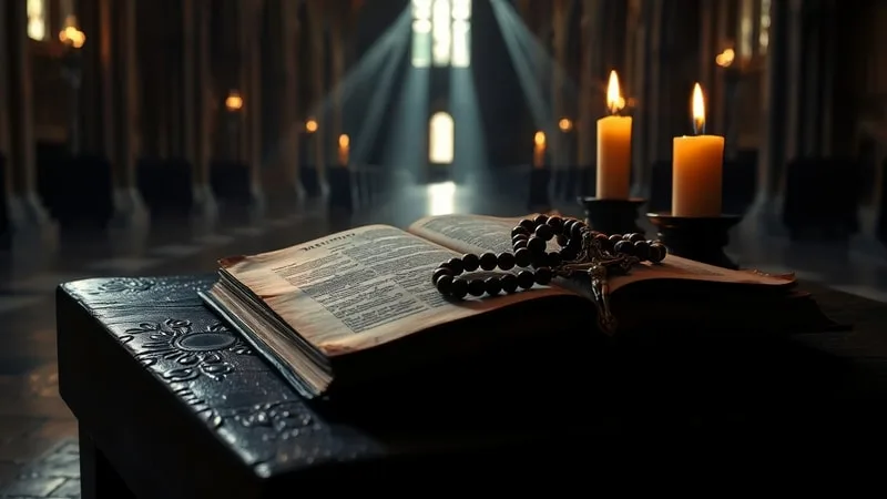Libro de oraciones y rosario sobre un reclinatorio de madera, iluminados por una vela votiva.