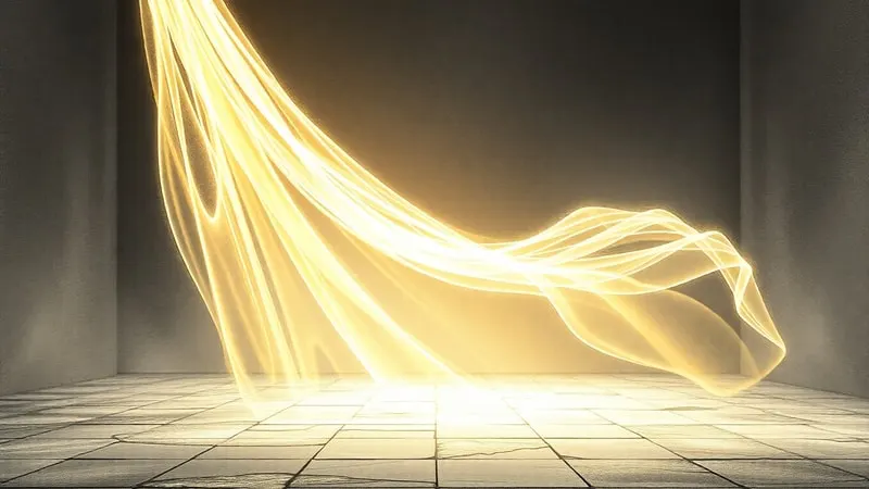 Velo de luz etéreo y translúcido que desciende sobre un espacio vacío, formando patrones intrincados.