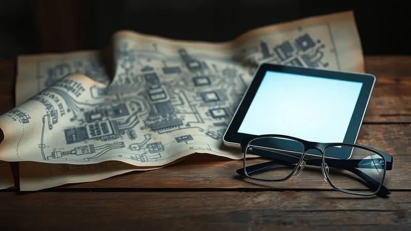 Bodegón cinematográfico de un escritorio con un plano de fábrica antiguo, una tablet moderna y gafas de seguridad, simbolizando la evolución tecnológica.