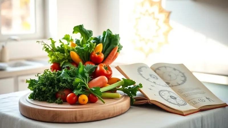 Mostrador de cocina sereno con verduras orgánicas y libro de astrología, fotografía still-life.