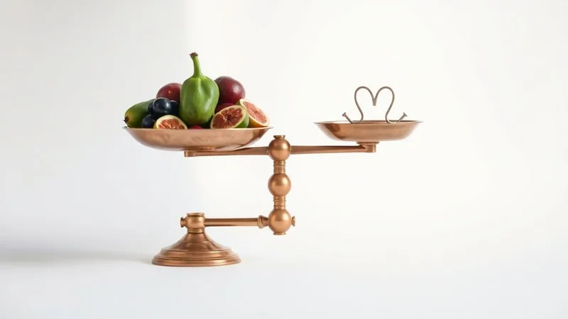 Balanza equilibrada con fruta y símbolo celestial, arte conceptual minimalista.