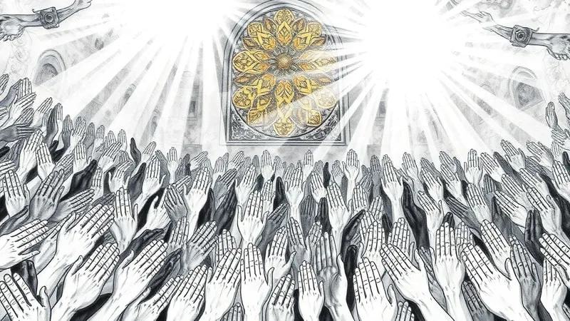 Pintura de acuarela con rayos de luz a través de vidrieras sobre un mosaico de manos orando, representando la unidad de la fe global.