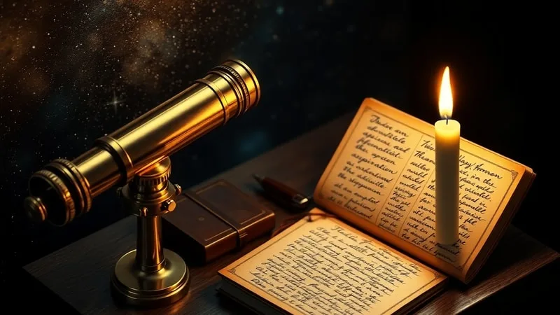 A cinematic still life of a vintage telescope aimed at the stars, with an open journal detailing future aspirations and humanitarian ideals, illuminated by a flickering candle.