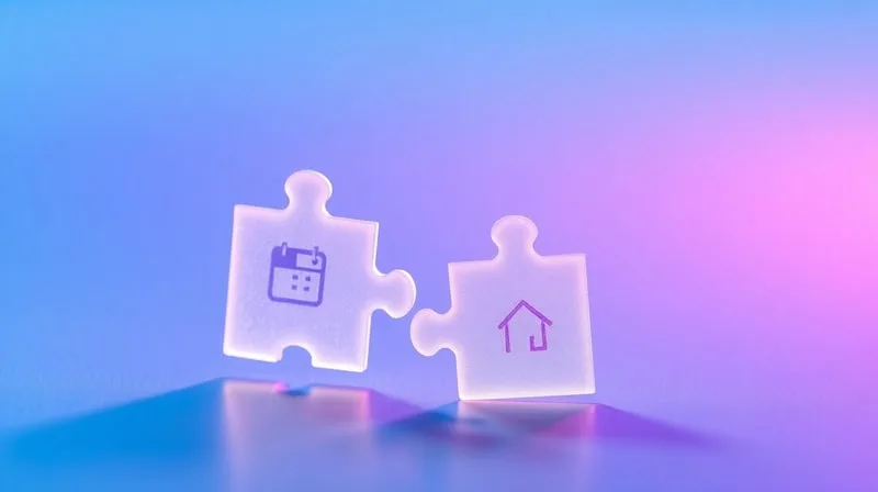Rompecabezas fragmentado y translúcido con iconos de calendario, chat, oficina y casa, sobre fondo degradado.