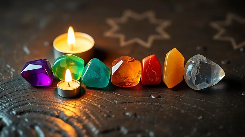 Primer plano macro de una colección de piedras de chakra pulidas, incluyendo amatista, lapislázuli, aventurina verde, citrino, cornalina, jaspe rojo y cuarzo claro, dispuestas sobre una superficie de madera oscura con luz de velas.