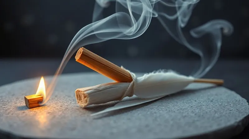 Una pintura digital conceptual de un palo santo encendido emitiendo humo purificador que envuelve suavemente un racimo de salvia blanca seca, sobre un altar minimalista de piedra gris con una pluma delicada.