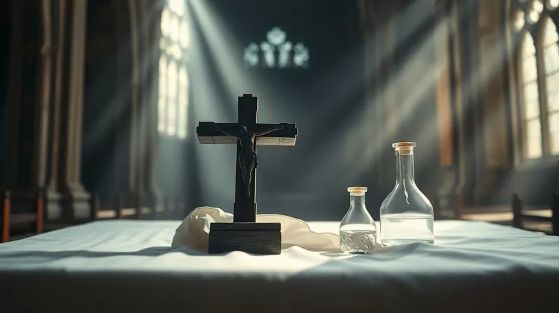 Fotografía cinematográfica de un crucifijo de madera antiguo sobre un paño blanco, con un pequeño frasco de agua bendita. La luz suave ilumina la escena.