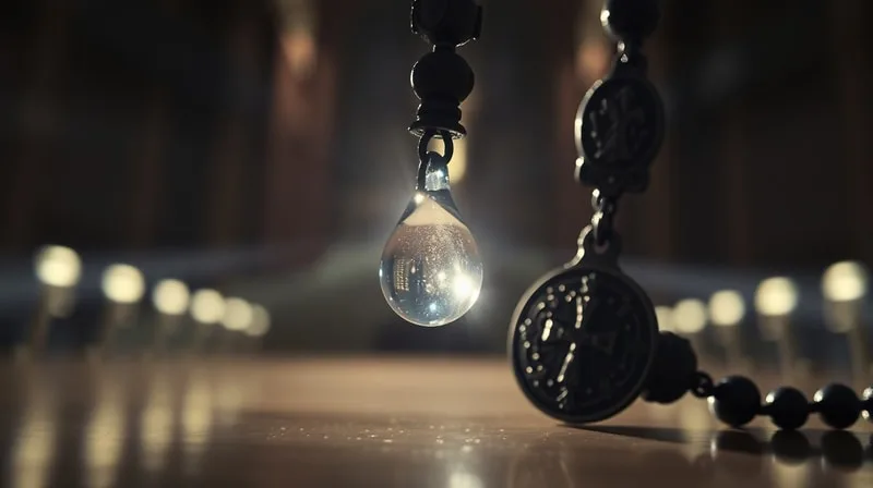 Arte conceptual de un rosario con una medalla, con una gota de agua bendita brillando en una de sus cuentas. Iluminación dramática y fondo contemplativo.
