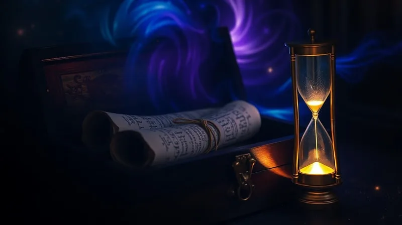 Antique wooden chest revealing swirling light, ancient scrolls, and an hourglass, symbolizing karmic patterns and the passage of time.