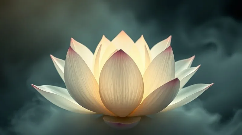 Translucent lotus flower emerging from mist with golden energy lines, symbolizing spiritual awakening and inner resilience.