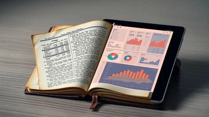 Libro de contabilidad antiguo junto a tablet moderna con datos