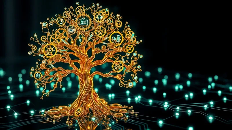 Red de engranajes y circuitos formando un árbol con iconos digitales
