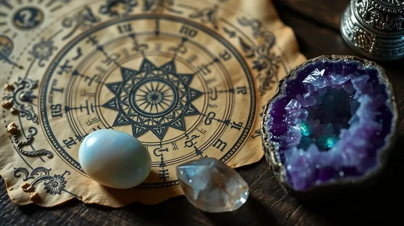 Fotografía macro de una carta astral antigua y dos cristales, uno suave y otro vibrante, en una mesa de madera bajo la luz de la luna.