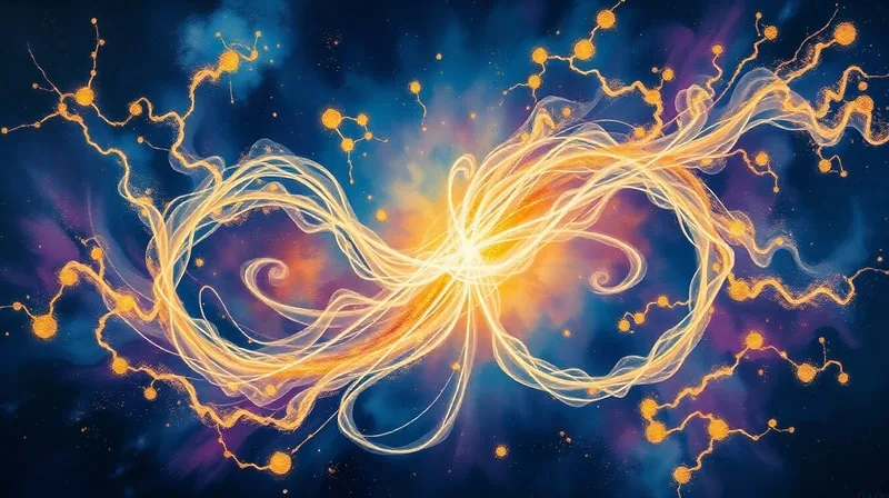 Pintura abstracta al óleo de hilos de luz y sombra entrelazados en una nebulosa, simbolizando caminos kármicos y evolución espiritual.