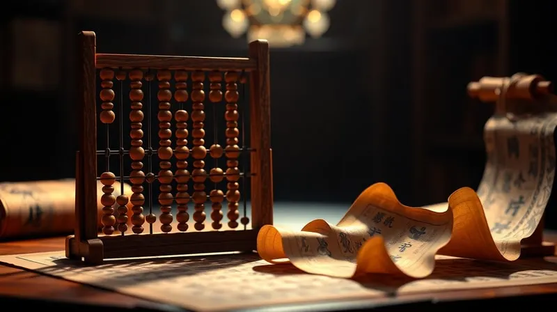 A cinematic still life featuring an antique wooden abacus and a silk scroll with ancient Chinese characters, representing the historical and mathematical foundations of the Chinese Zodiac.