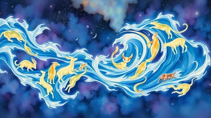 A conceptual art watercolor painting depicting a flowing river of time, with abstract representations of the twelve Chinese zodiac animals integrated into the currents, symbolizing the continuous cycle of life.